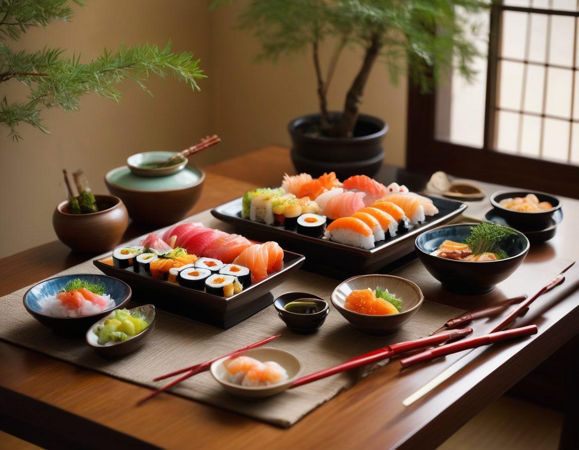 A beautifully arranged table setting featuring an assortment of colorful Asian dishes neatly placed on traditional plates, with a pair of elegant wooden chopsticks poised above a bowl of steaming sushi. In the background, a serene bonsai tree adds tranquility to the scene. The overall composition should evoke a sense of style and delight in the art of eating with chopsticks. super-realistic. vibrant colors. warm ambient lighting.