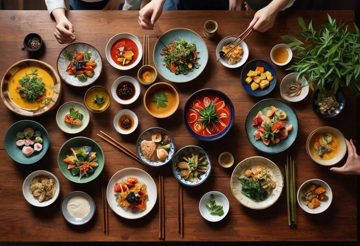 A beautifully set dining table featuring an array of colorful dishes elegantly arranged alongside traditional chopsticks. The scene captures a diverse group of people joyfully using chopsticks, showcasing their skills while engaging in lively conversation. The ambiance is warm and inviting, with soft lighting accentuating the textures of the food and utensils. Incorporate elements of nature, like a small potted plant or bamboo, to enhance the atmosphere. vibrant colors. super-realistic.
