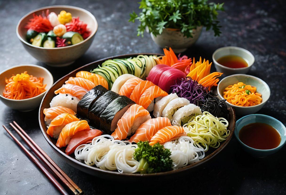 A beautifully arranged sushi platter alongside a vibrant bowl of steaming noodles with colorful vegetables, all elegantly placed with inviting chopsticks. Add a serene table setting with soft lighting, hints of nature in the background, and a joyful ambiance. Super-realistic. Vibrant colors. Soft focus.